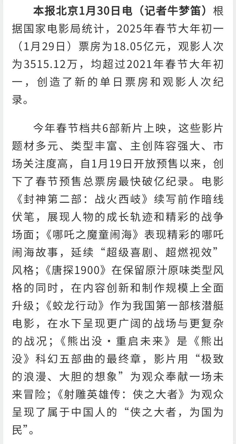 大年初一电影票房和观影人次均创纪录